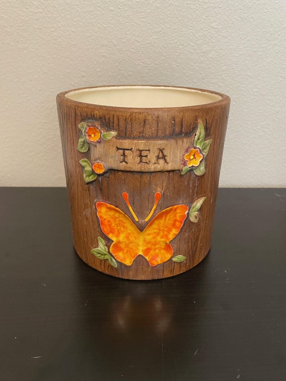 Vintage Treasure Craft Tea Canister Butterfly Ceramic Rustic No Lid Cottage READ